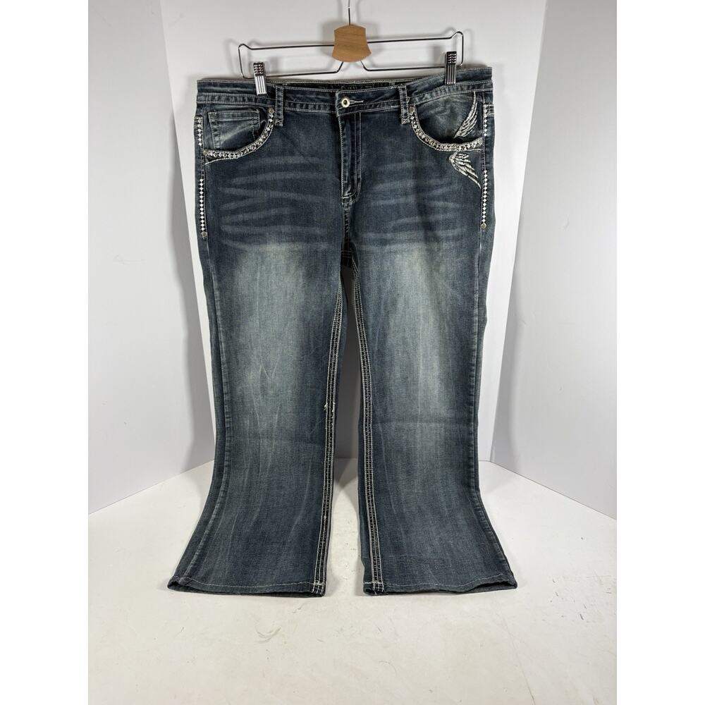 Platinum Plush Womens 19 Bling Skull Wing Bootcut Jeans Y2K Embellished